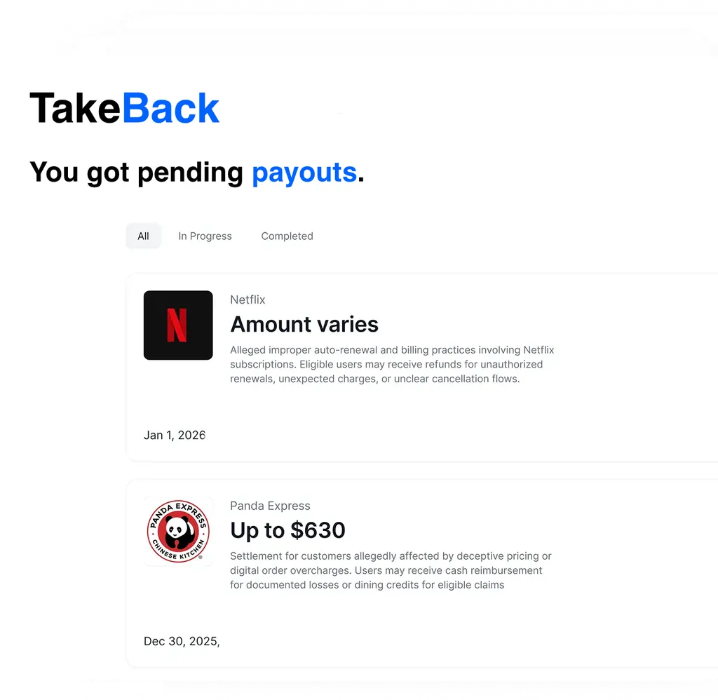 TakeBack settlement dashboard